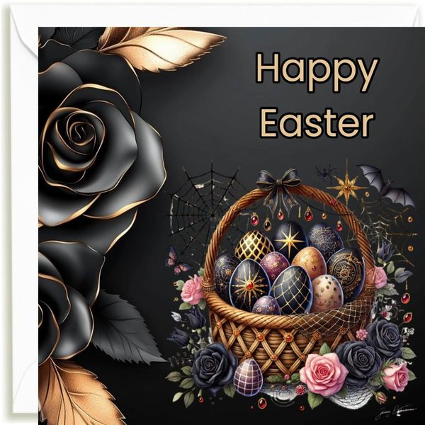 Sarah Elizabeth Collection Card with Matching Gift Tag/Gothic Theme, Basket, Eggs