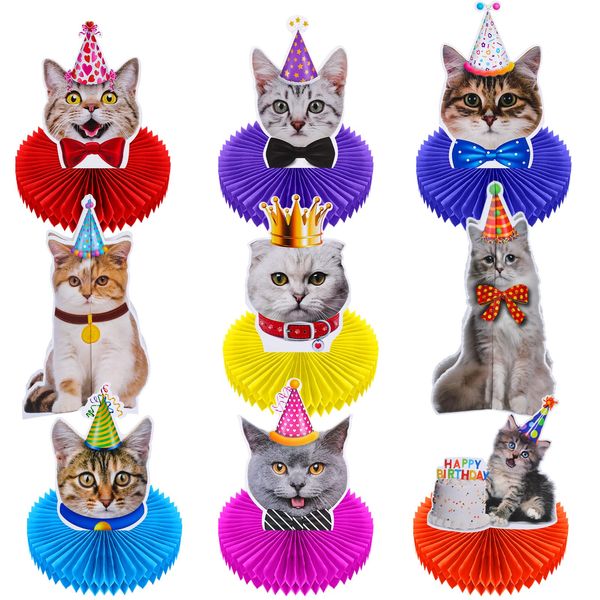 9 Pcs Cat Themed Honeycomb Centerpieces Cats Party Decorations Cat Happy Birthday Party Supplies Cat Party Cake for Kids Baby Shower Birthday Supplies