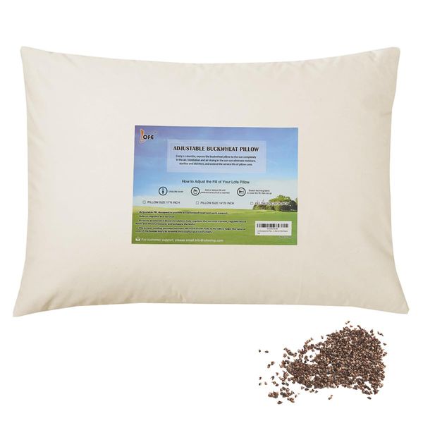 LOFE Organic Buckwheat Pillow for Sleeping - 14''x20'', Adjustable Loft, Breathable for Cool Sleep, Cervical Support for Back and Side Sleepers(Tartary Buckwheat Hulls)