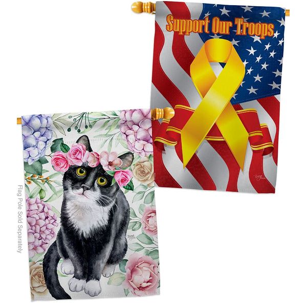 Breeze Decor Floral Tuxedo Cat House Flag Pack Kitten Meow Spoiled Paw Fur Pet Nature Farm Animal Creature Support Our Troops Banner Small Garden Yard Gift Double-Sided, Made in USA