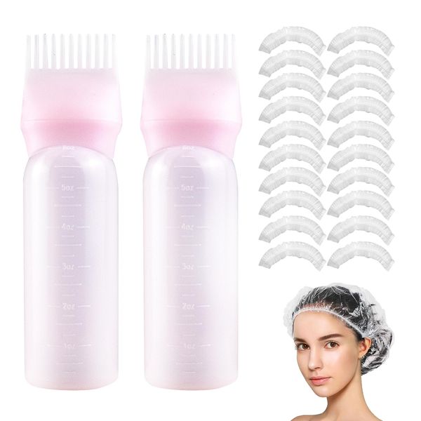 Root Comb Applicator Bottle, 6 Ounce, Hair Oil Applicator, Oil Applicator for Hair Dye, Oil Bottles for Hair, Hair Oiling Applicator with Graduated Scale (2 Pack+20 PCS Disposable Shower Caps, pink)