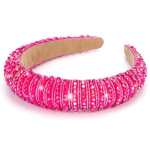 Wecoe Hot Pink Headband Fashion Rhinestone Headband Women Padded Headband Fancy Bling Diamond Sparkle Crystal Beaded Headband Cute Hair Band Holiday Hair Accessories For Women Girls Sweetest Day Gifts