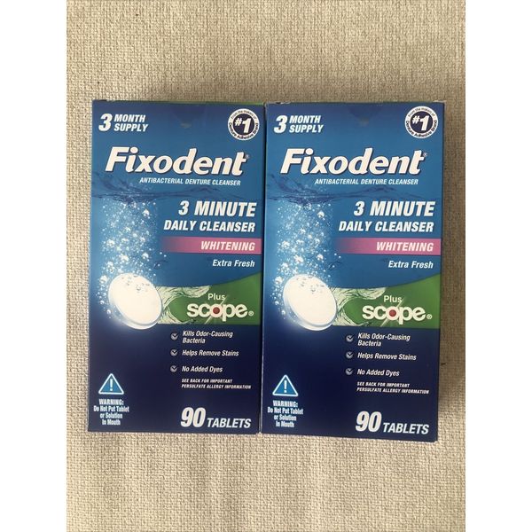 Lot Of 2 - Fixodent 3 Minute Daily Cleanser Tablets Plus Scope 90 ct per Box