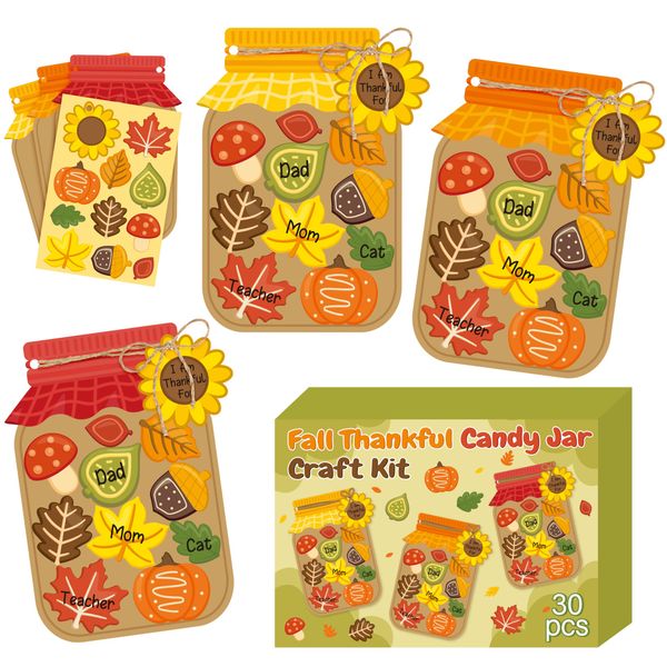 WATINC Fall Leaves Candy Jar Craft Kit - Make Your Own Pumpkin Leaves Nut Candy Jar, 30Pcs DIY Thanksgiving Day Gratitude Paper Decor Craft Supplies Home School Fun Activities for Kids