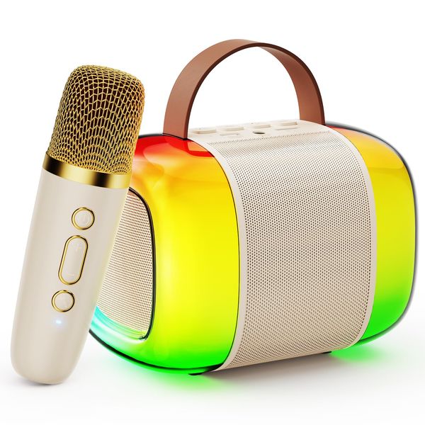 Mini Karaoke Machine for Kids with 1 Wireless Mircophone, Portable Bluetooth 5.3 Karaoke Speaker with Colorful LED Lights, Ideal Gifts for Girls Boys (Beige-1MIC)