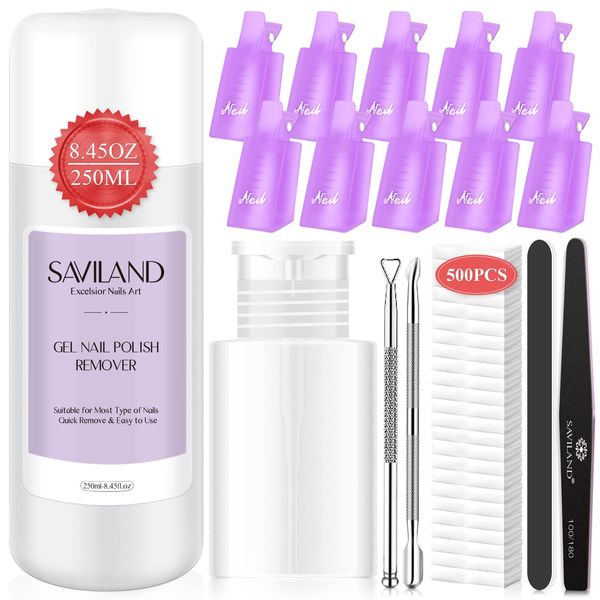 Saviland Gel Nail Polish Remover Kit - 250ML Nail Polish Remover with Nail Clips, Nail Tools,Cuticle Pusher, 500PCS Cotton Pad Nail Remover Manicure Kit for Salon Home DIY