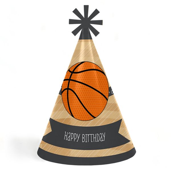 Big Dot of Happiness Nothin' but Net - Basketball - Cone Happy Birthday Party Hats for Kids and Adults - Set of 8 (Standard Size)