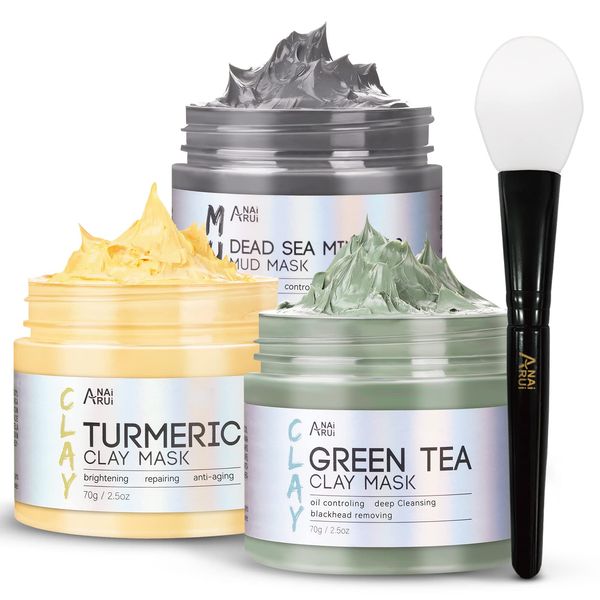 ANAiRUi Turmeric Clay Mask - Green Tea Detox Clay Mask - Dead Sea Minerals Mud Mask, Spa Facial Mask Set for Deeply Cleansing, Detoxing, Reducing Acne, Pores and Blackheads, 210g