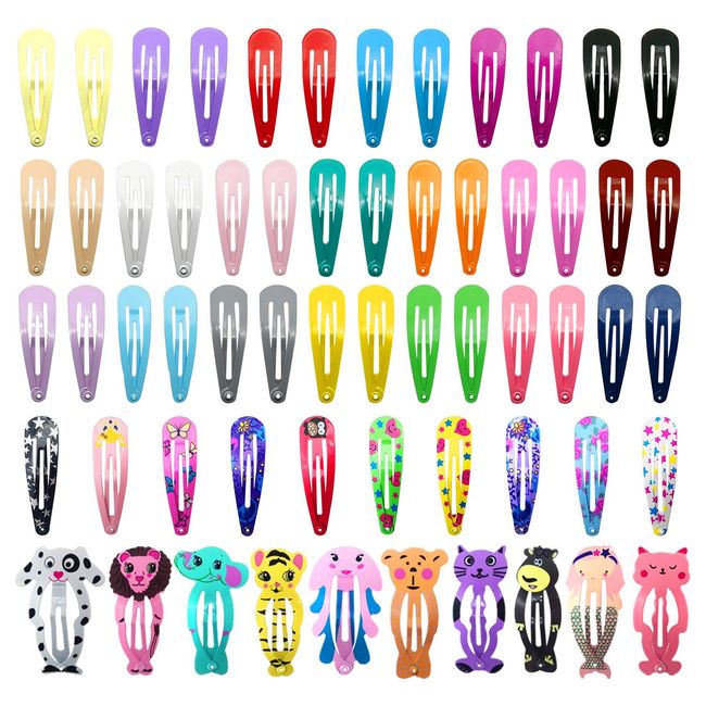 Girls Hair Clips, Funtopia 60 Pcs Snap Hair Clips for Little Girls Kids Teens Women Non Slip, 2 Inches Candy Color Metal Barrettes Hair Accessories (Solid, Flower and Animals)