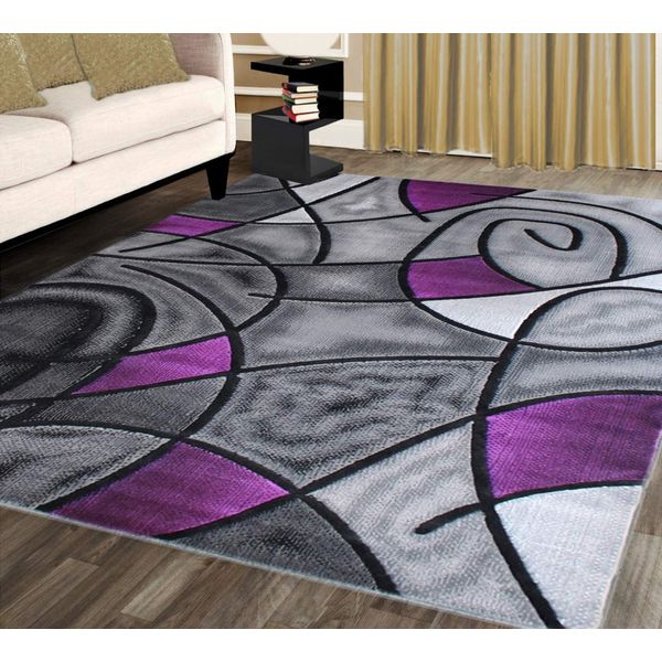 Masada Rugs, Modern Contemporary Area Rug, Purple Grey Black (5 Feet X 7 Feet)