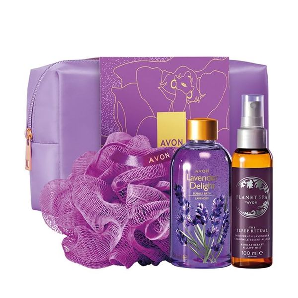 Mother's Day Moment of Rest Gift Set features a Planet Spa Pillow Mist 100ml, Lavender Bubble Bath 250ml and purple shower loofah within a stylish washbag by Avon.