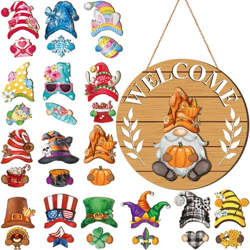 Qunclay Interchangeable Wooden Gnome Decor Holiday Seasonal Gnome Decorations with Magnet Pieces and Detachable Hats Changeable Welcome Sign for Home(Fresh Style)