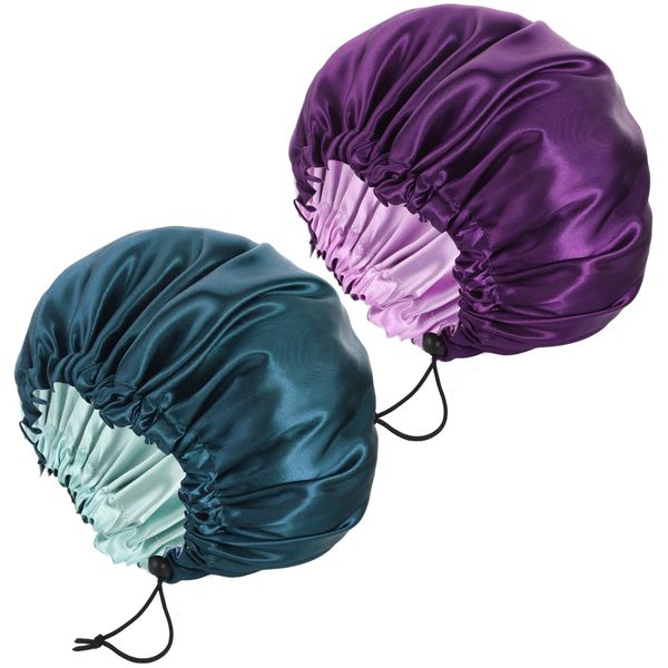 2 Pack Satin Bonnet Silk Bonnet for Sleeping, Adjustable Double Layer Satin Bonnet for Natural and Curly Hair Silk Cap Hair Bonnet for Sleeping