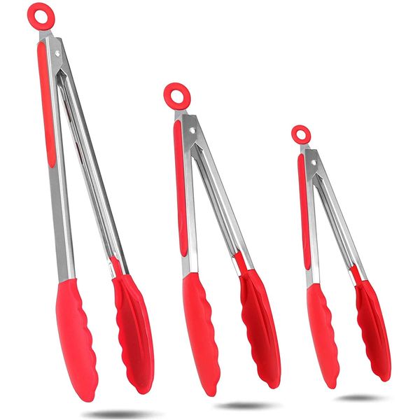 GUROYI Tongs, Kitchen Tongs, Silicone Cooking Tongs, Automatic Clip, Anti-Slip, Barbecue Service Clip, Heat Resistant, Antibacterial, Comes with Stand, Locking Type, Convenient Storage (Set of 3, Red,