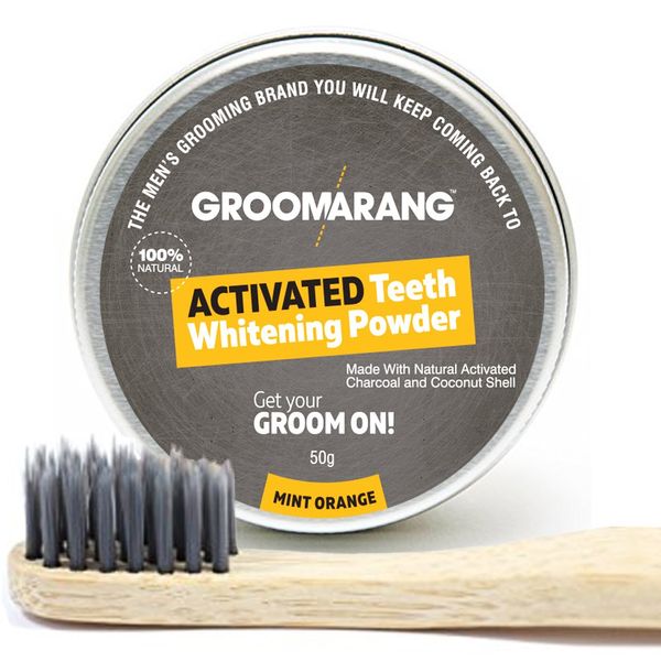 Groomarang Activated Charcoal And Coconut Shell Mint Orange Teeth Whitening Powder 50g FREE Bamboo Toothbrush