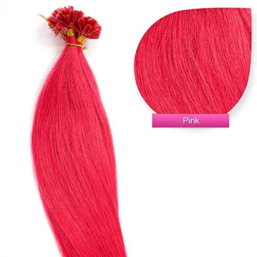 GlamXtensions Keratin Bonding Hair Extensions 100% Real Hair Extensions (#Pink - 50 Strands 0.5 g - 60 cm) U-Tip Nail Extension Remy Quality Keratin Bondings Free Accessories