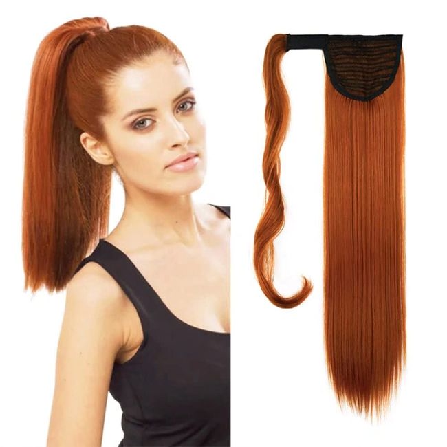 iLUU Umwickelte Pferdeschwanz Haarverlängerungen, Gerade Pony-Tial-Haare, 24 Zoll 100g Synthetischer #119 Orangerot Kupferorange Leuchtend Roter Pferdeschwan