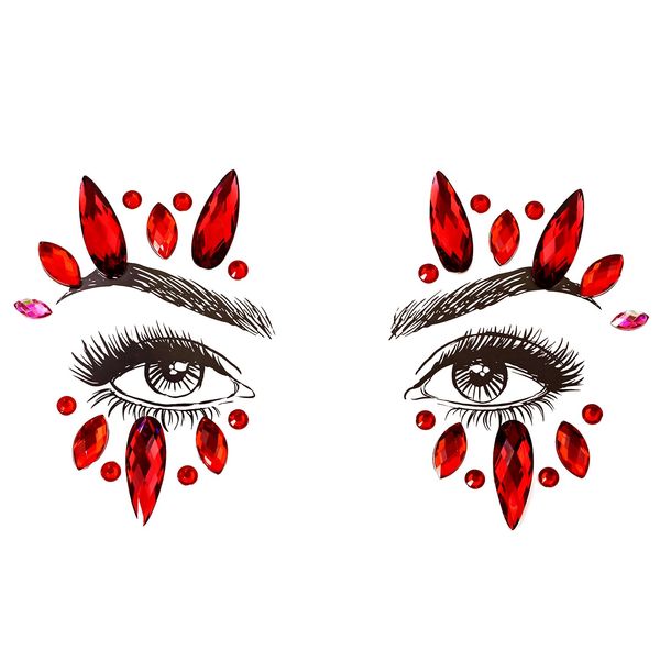 Face Jewels Stick on Face Gems Self-Adhesive Makeup Halloween Costume Rhinestone Stickers for Festival Holiday Party Dress Up Accessories (Red)