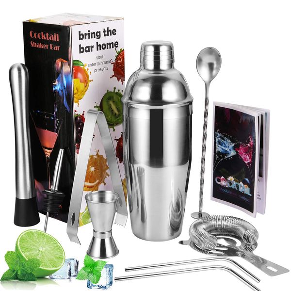 Viesap Cocktail Shaker, 9 Pcs Shaker Cocktail Set, Edelstahl Shaker Set, Bar Zubehör Cocktail Mixer, Cocktail Bar Kit mit 750ML Shaker/Barstößel/Messbecher/Sieb/Eis Clip/Stroh/Löffel/Umleitung Düse.