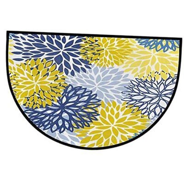 Welcome Half Round Door Mat Spring Flower Blue Yellow Navy Chrysanthemum