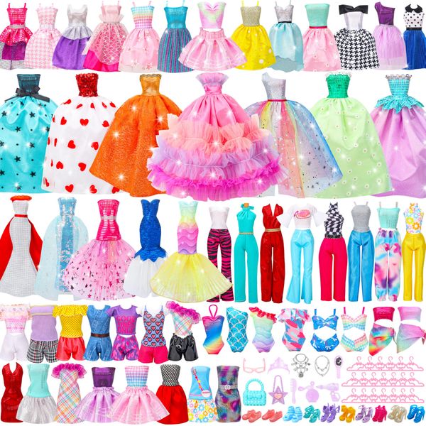 Style Shine 56 Pcs Doll Clothes and Accessories,2 Wedding Gowns 2 Evening Dresses 6 Fashion Dresses 4 Set Casual Outfit Top and Pant 2 Swimsuit,20 Hanger 10 Shoe 10 Accessories Toys for Girls Kid Gift