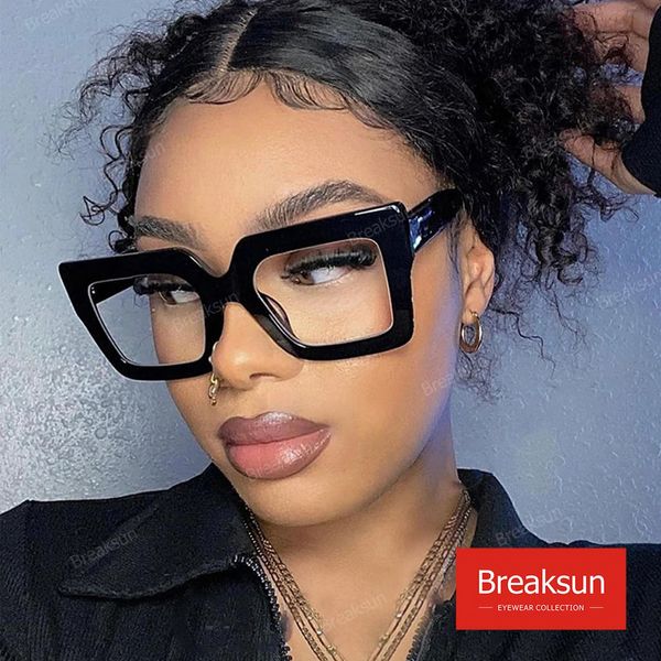 Breaksun Oversized Blue Light Glasses for Women Fashion Thick Square Computer Eyewear Non-Prescription Black Glasses (Black)