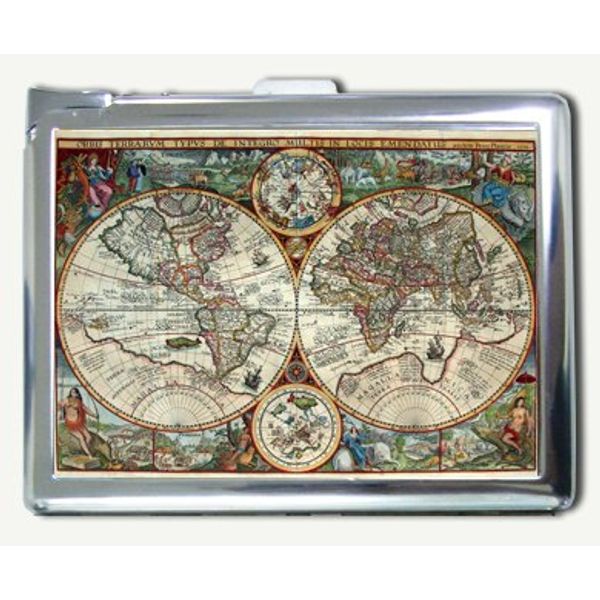 Antique Nova World Map Regular Cigarette Case with Built-in Lighter