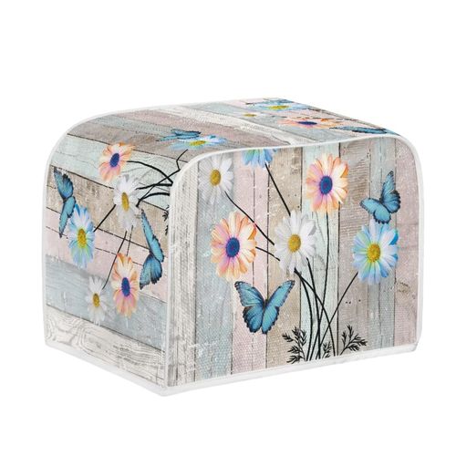 Lotusorchid Wood Daisy Toaster Oven Covers - 4 Slice, Butterfly Toaster Cover with Dust and Fingerprint Protection, Bakeware Protector for Kitchen Accessories, Machine Washable, Beige