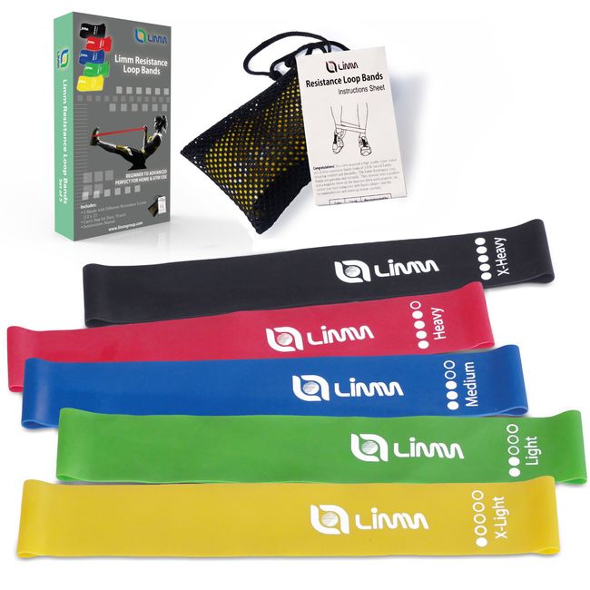 Limm Resistance Loop Exercise Bands - Set of 5 Stretch Bands for Working Out with Instruction Guide & Carry Bag - Elastic Band for Home Workout & Physical Therapy for Women and Men 12" x 2"