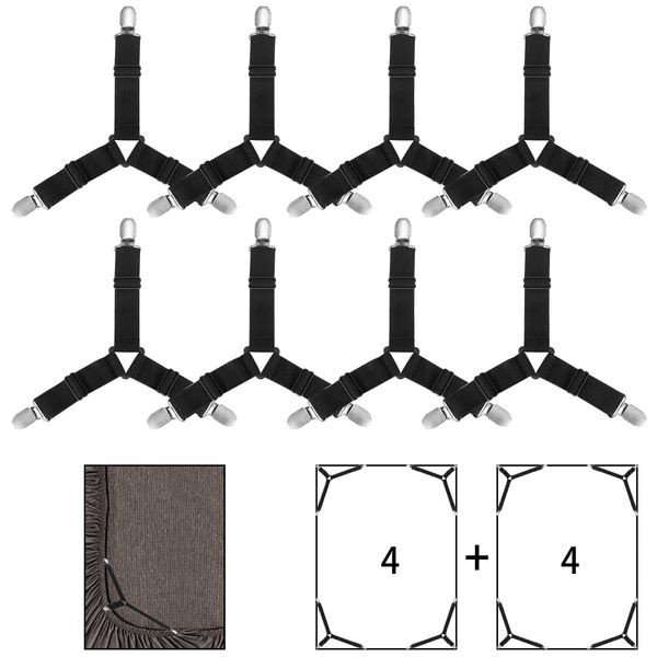 8Pcs Bed Sheet Clips Straps Adjustable Triangle Fastener Elastic Corner Suspenders Grippers Holder for Mattress Covers Sofa Cushion (Black)