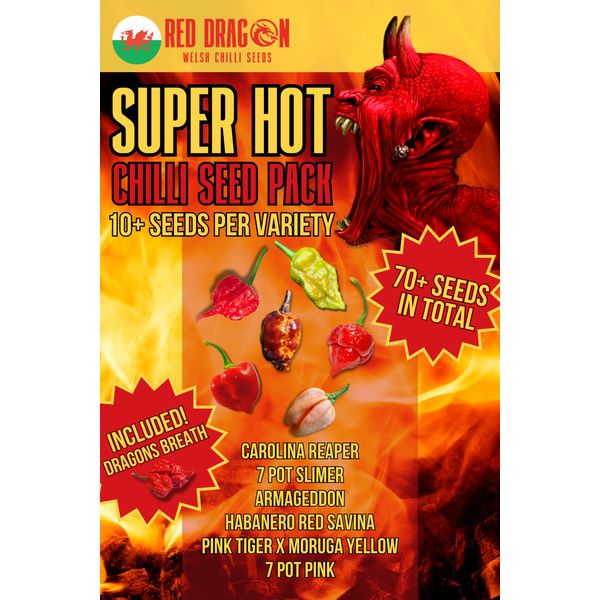 Chilli Seeds - Super Hot Chilli Seed Variety Pack - 7 Super Hot Pepper Variety Seeds Including The Carolina Reaper and Dragons Breath - 70 Super Hot Seeds (SuperHot Variety Pack)