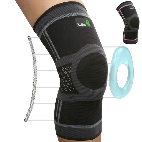 TechWare Pro Knee Support Sleeve - Compression Knee Sleeve Men & Women. Knee Brace with Side Stabilizers & Patella Gel Pads. Meniscus Tear, Arthritis, Joint Pain Relief. Blk/Gry Med