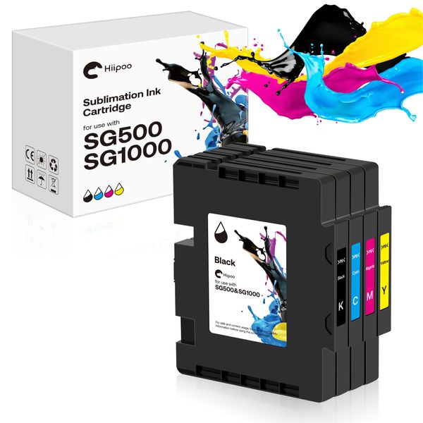 Hiipoo SG500 SG1000 Sublimation Ink Cartridge Compatible for Sawgrass Virtuoso SG500 SG1000 Printer, Latest Upgraded Chip No AB Serial Number(4-Pack, 1 Black, 1 Cyan, 1 Magenta, 1 Yellow)