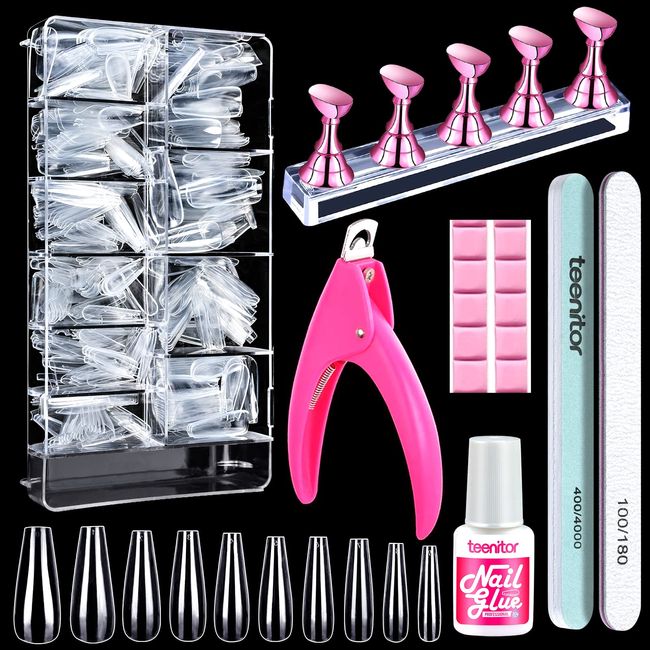 Clear Coffin Nail Tips, Teenitor Long Coffin Nails Full Cover, 600pcs Clear Fake Nails Ballerina False Nails Press On Nails, Glue On Nails, Acrylic Nail Clipper, Nail Stand for DIY Fake Nails