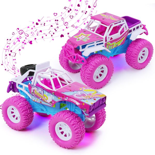 Pink Toys Car for Toddler Girl, 2 Pack 6.3 Inch Push and Go Vehicle Monster Toy Trucks for 3 4 5 6 Year Old Kids Gifts, with LED Lights,Music & Sound,Christmas Birthday Valentine's Day Gift for Kids