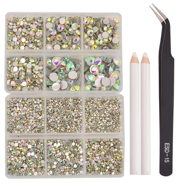 NCB 8000pcs Non Hotfix Rhinestones 10 Sizes Flatback Crystal Glass Rhinestones with Tweezers and Picking Pen for Nail Art Clothes Bags Phone Decorations Crafts DIY (001ab Crystal AB Mix SS3-SS30)