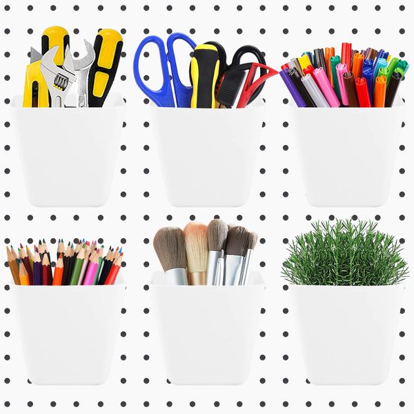 Farady 6Pack Pegboard Cups, Large Square Bins with Hooks, White, Polypropylene (PP), DIY Tools & Home Organization