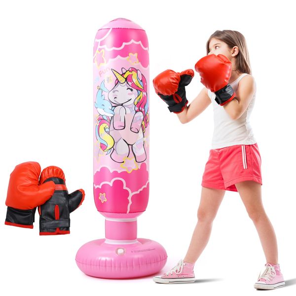 47" Inflatable Kids Punching Bag with Boxing Gloves, Free Standing Boxing Bag, Bounce-Back Bag Gifts for Kids, Girls