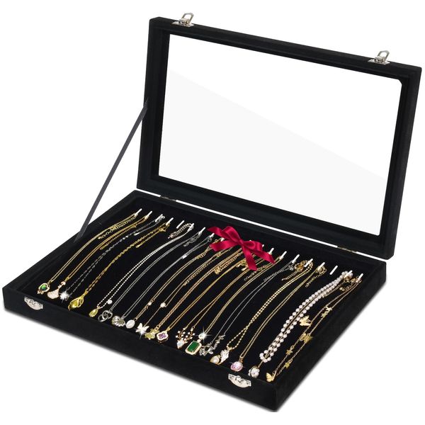 Jenseits Necklace Organizer Box, Tray with Clear Lid, Velvet Dustproof Necklaces Holder Storage Display Case, 20 Hooks Glass Top Jewelry Tray Drawer Insert for Pendant Bracelet