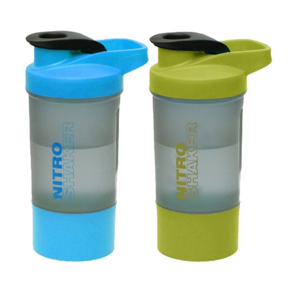 Protein Shaker Bottle 600ml Set of "Blue + Green" Leakproof BPA Free Premium Shaker for Protein Shakes Gym/Sports Pre-Workout Drinks with Metal Mix Ball Secure Twist Off Lid Storage Compartment