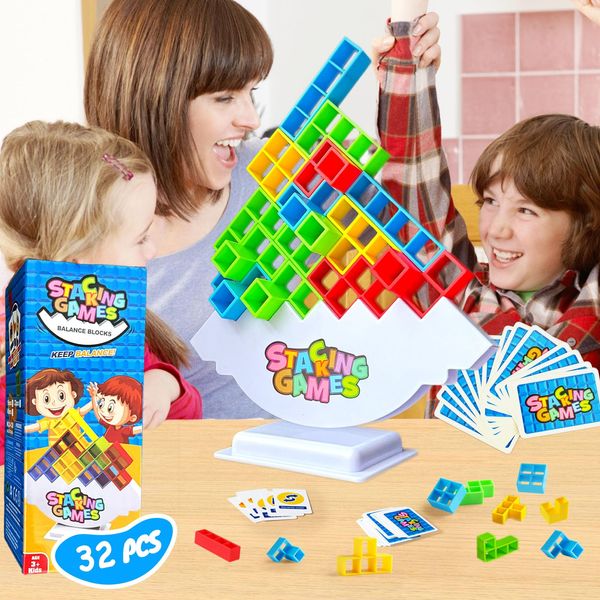 CLAPET 32 Pcs Tetra Tower Stacking Game, Fun Balance Building Blocks Board Games for Kids Adults Family Party, Toys Gifts for Boys Girls Ages 3-12