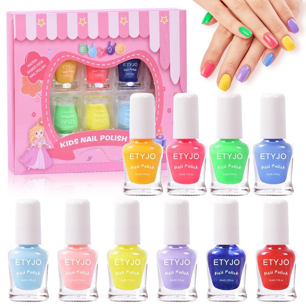 ETYJO Kids Nail Polish Sets for girls - 10 Colors Non Toxic Nail Polish Kids Peel Off Toddler Nail Varnish, Quick Dry Girls Nail Varnish Sets Kids Gifts Set for Children Teens