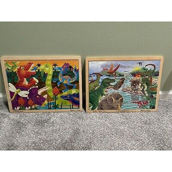 Lot of 2 Melissa & Doug Wooden Dinosaur Puzzles  Storage Tray Unwrapped & NEW