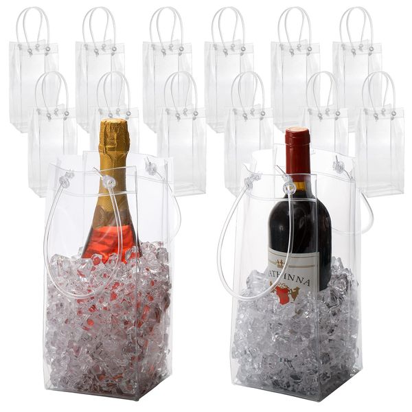 Frcctre 12 Pack Ice Wine Bag, Portable Collapsible PVC Wine Pouch Cooler Bags with Handle, Clear Wine Bottles Bag for Champagne Cold Beer White Wine Chilled Beverages