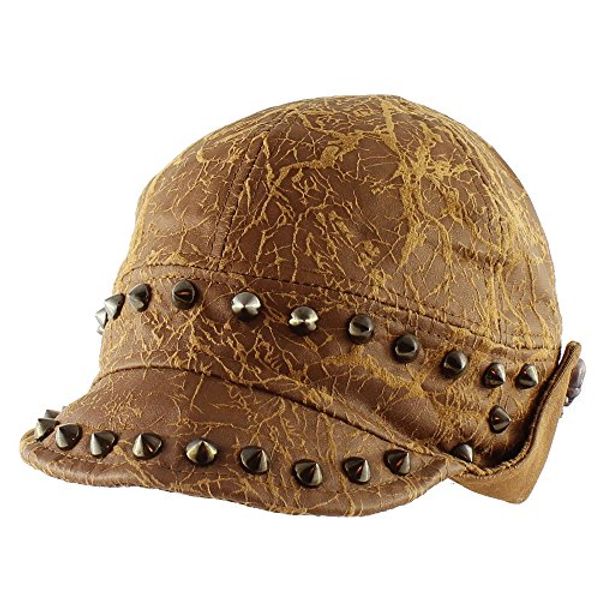 Morehats Studded Short Brim Baseball Cap Aviator Trapper Hat - Brown