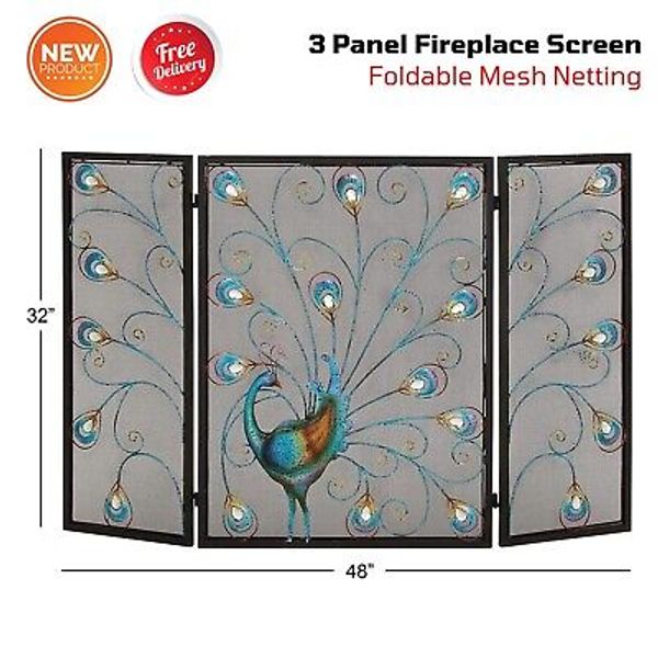 3 Panels Peacock Fireplace Screen Foldable Mesh Spark Protect Living Room Decor