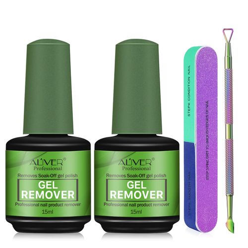Gel Nail Polish Remover 2Pack, Gel Polish Remover Kit with Nail Polish Scaper and Nail Buffer Block, 15ml Gel Nail Remover, Quickly and Safely Removes Gel Polish in 2-5 Minutes