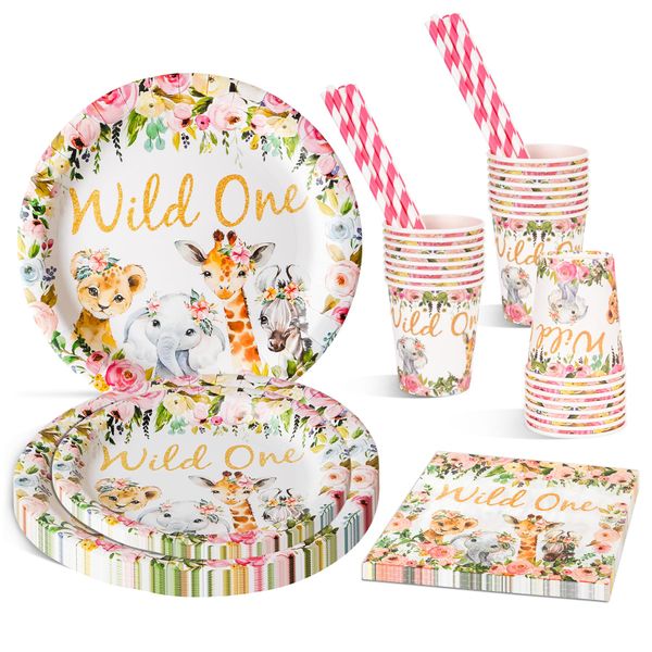 First Party Tableware Set for 24 People, 120Pcs Paper Birthday Dinnerware Set, Wild ONE Year Girl Party Tableware with Animals Jungle Safari for Kids, Party Plates Napkins Cups Straws Party Supplies