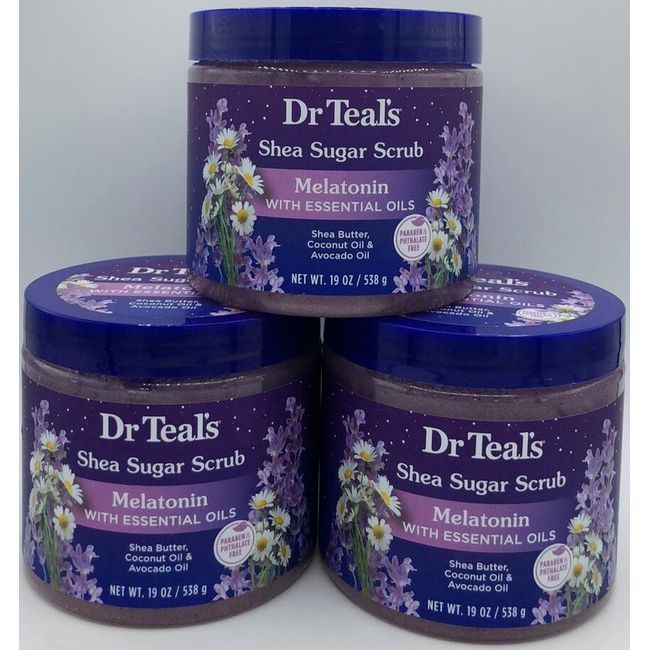 3PK Dr Teal's Shea Sugar Scrub Melatonin w/ Essential Oils ~ 19 OZ EA ~FAST SHIP