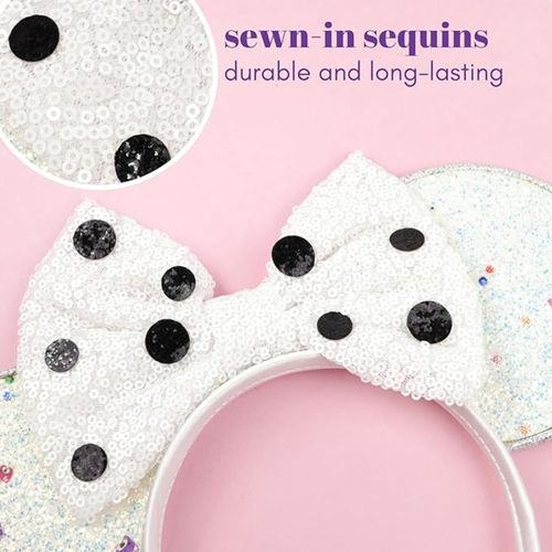 Needzo Vintage Black and White Mouse Ear Headbands, Glittery Hair Accessory with Sequin Bows, One Size Fits Most, 2 Items